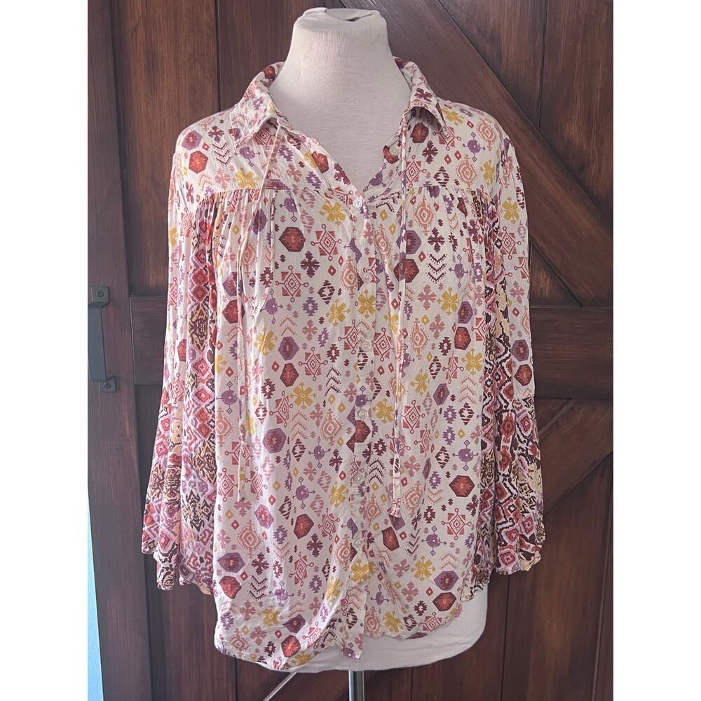 Cato Southwestern Bell Sleeve Southwestern Button Up‎ Shirt Blouse Womens L